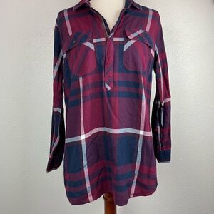 Eddie Bauer Half Zip Plaid Flannel Top Size L EUC